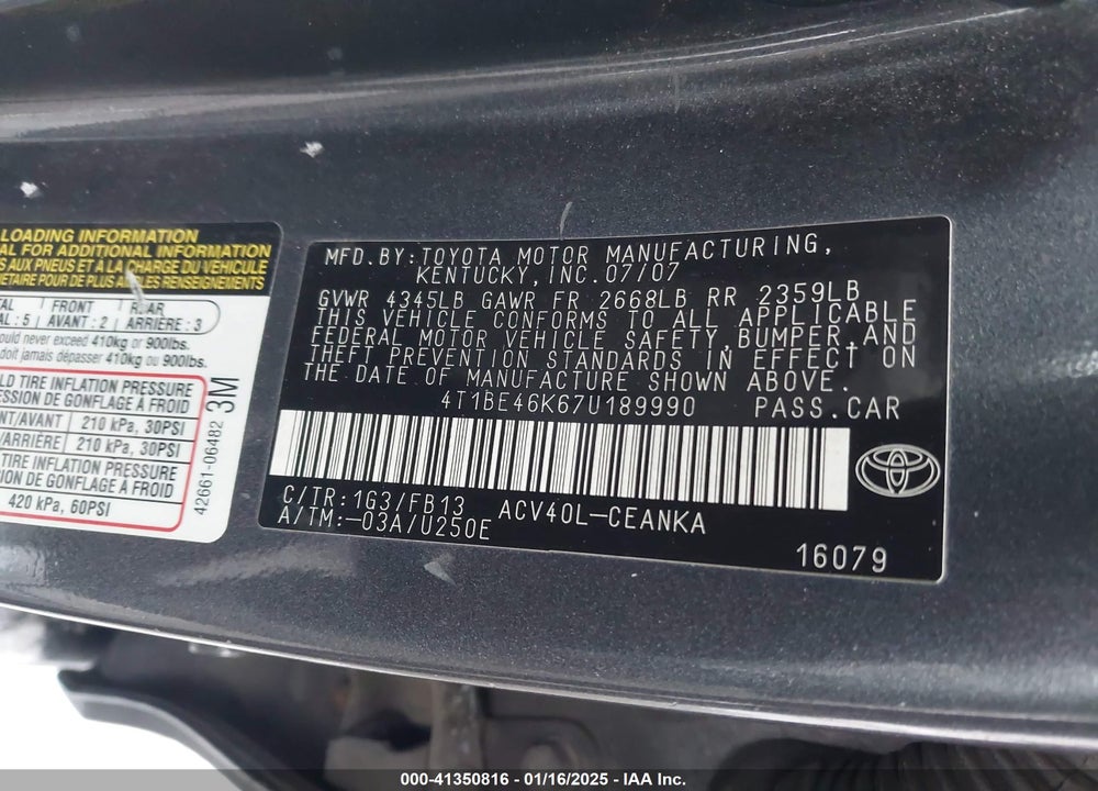 2007 TOYOTA CAMRY VIN: 4T1BE46K67U189990