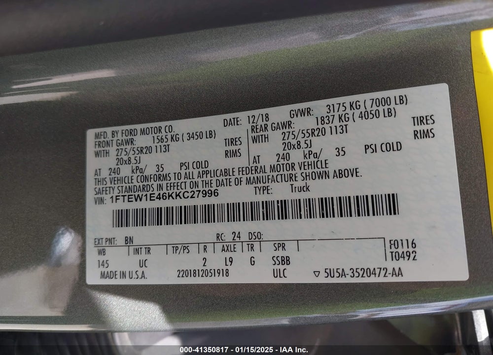 2019 FORD F-150 XLT VIN: 1FTEW1E46KKC27996
