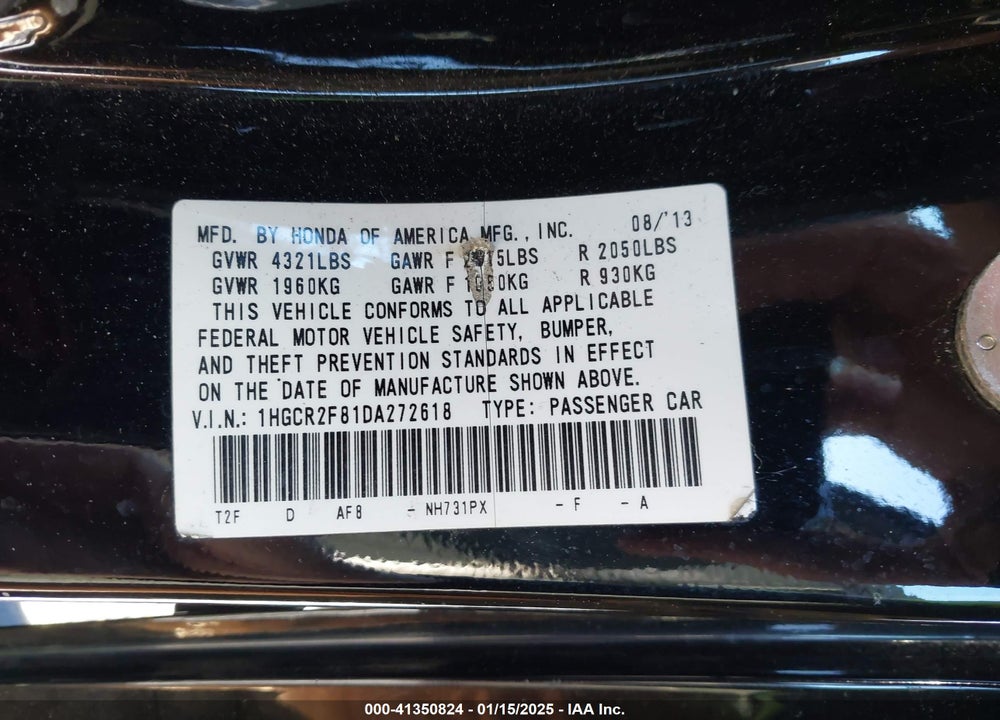2013 HONDA ACCORD VIN: 1HGCR2F81DA272618