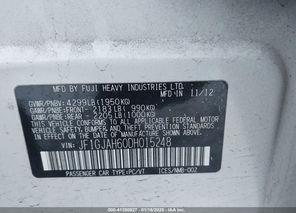 2013 SUBARU IMPREZA VIN: JF1GJAH60DH015248