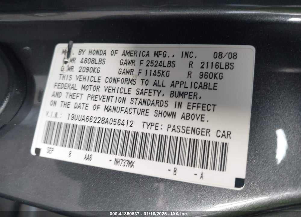 2008 ACURA TL 3.2 VIN: 19UUA66228A056412