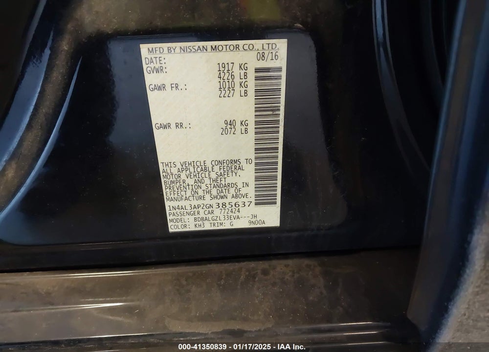 2016 NISSAN ALTIMA VIN: 1N4AL3AP2GN385637