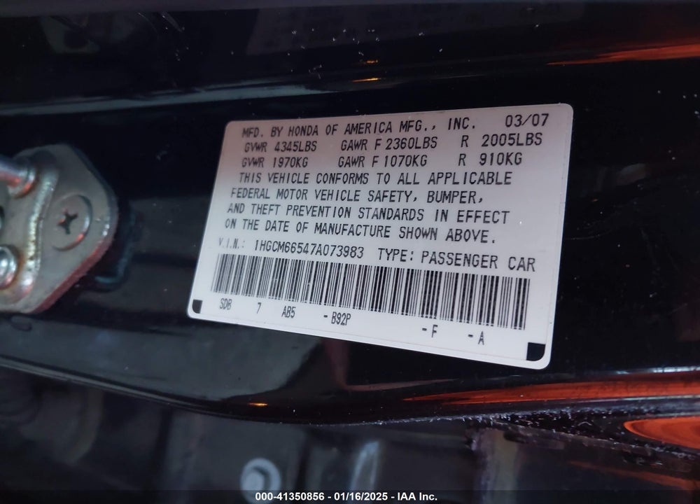 2007 HONDA ACCORD VIN: 1HGCM66547A073983