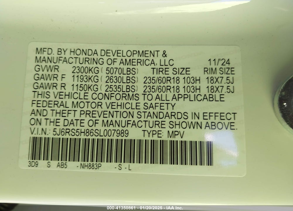 2025 HONDA CR-V VIN: 5J6RS5H86SL007989