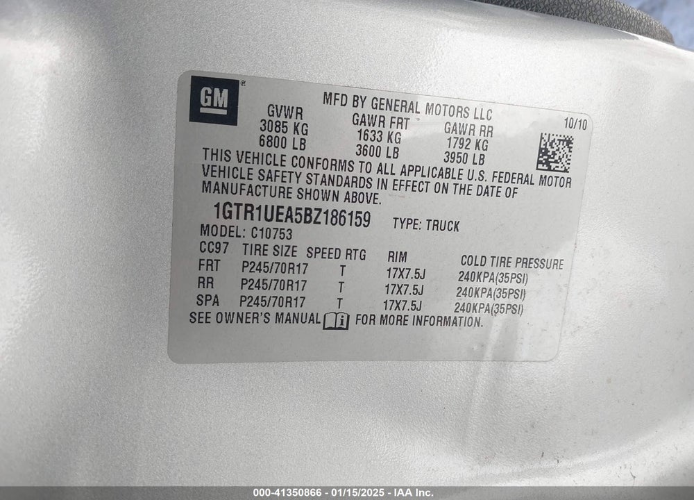 2011 GMC SIERRA 1500 VIN: 1GTR1UEA5BZ186159