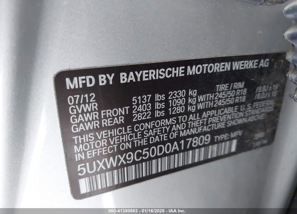 2013 BMW X3 XDRIVE28I VIN: 5UXWX9C50D0A17809
