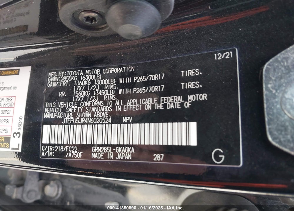 2022 TOYOTA 4RUNNER TRD OFF ROAD VIN: JTEPU5JR4N6020524