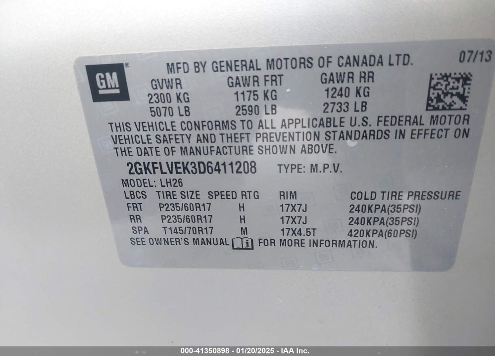 2013 GMC TERRAIN VIN: 2GKFLVEK3D6411208