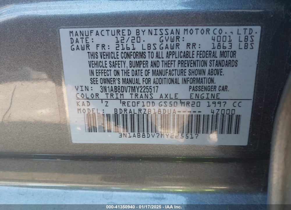 2021 NISSAN SENTRA VIN: 3N1AB8DV7MY225517