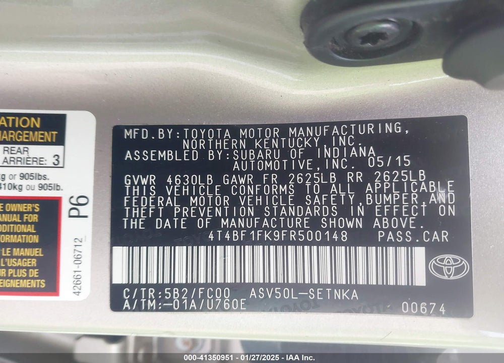 2015 TOYOTA CAMRY VIN: 4T4BF1FK9FR500148