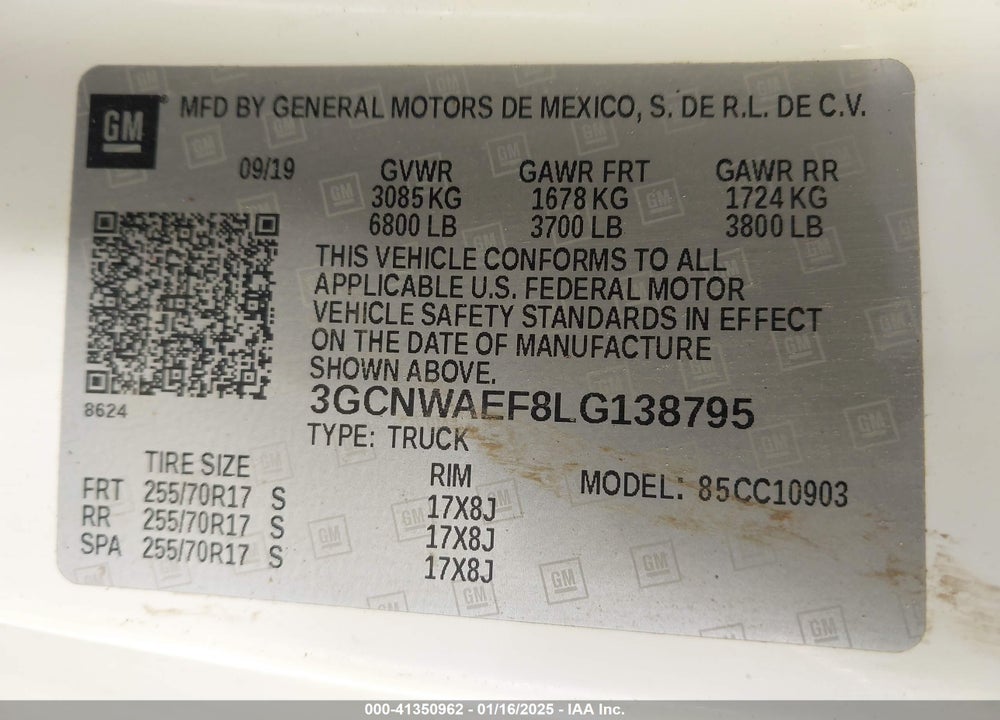 2020 CHEVROLET SILVERADO 1500 VIN: 3GCNWAEF8LG138795