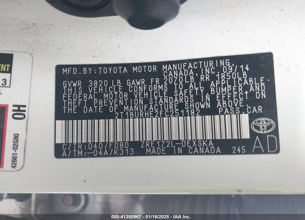 2015 TOYOTA COROLLA VIN: 2T1BURHE2FC251182