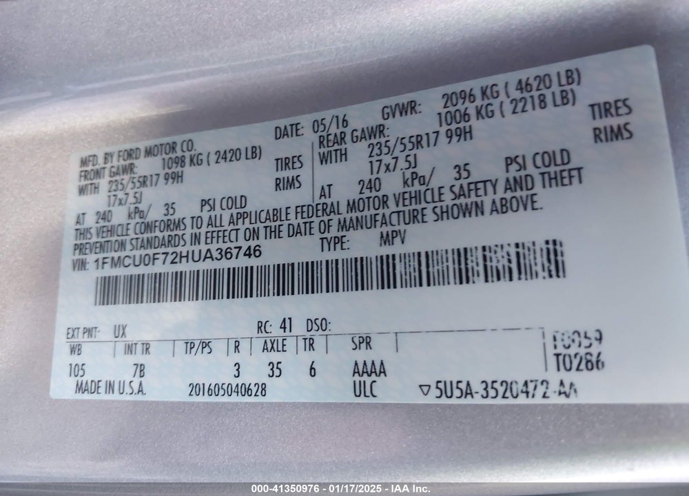2017 FORD ESCAPE S VIN: 1FMCU0F72HUA36746