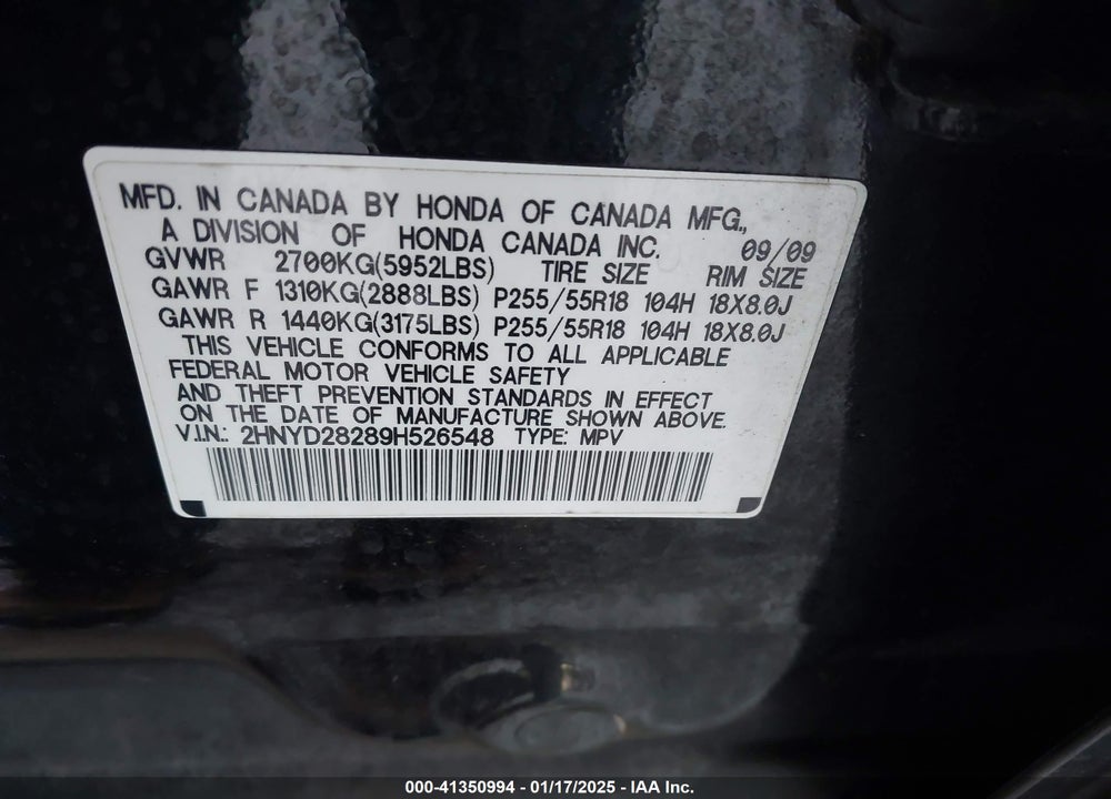 2009 ACURA MDX VIN: 2HNYD28289H526548