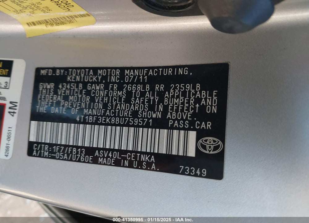 2011 TOYOTA CAMRY VIN: 4T1BF3EK8BU759571