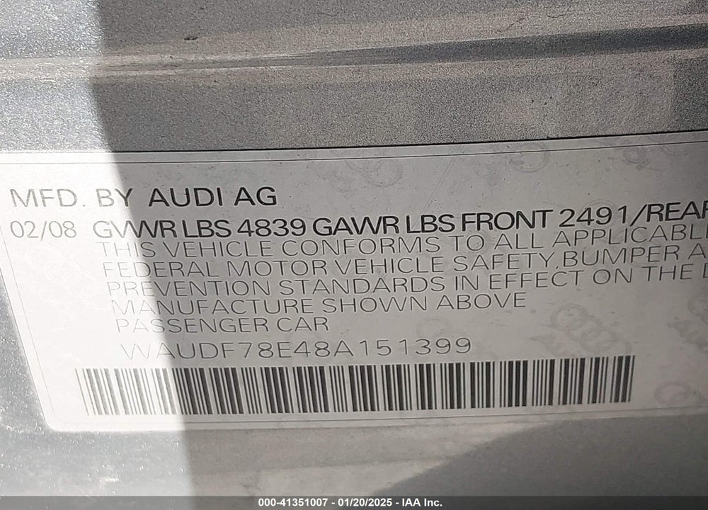2008 AUDI A4 2.0T/2.0T SPECIAL EDITION VIN: WAUDF78E48A151399