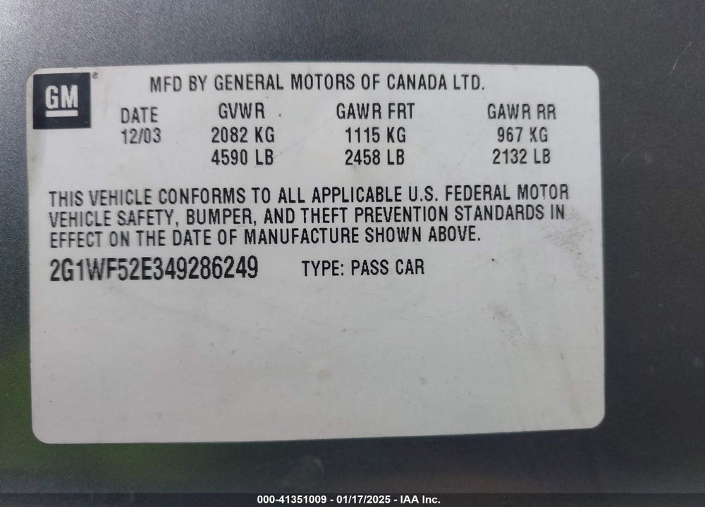 2004 CHEVROLET IMPALA VIN: 2G1WF52E349286249
