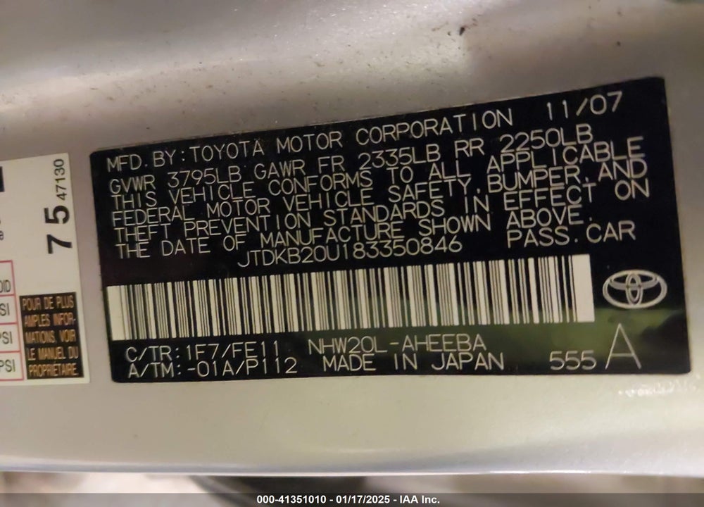 2008 TOYOTA PRIUS VIN: JTDKB20U183350846