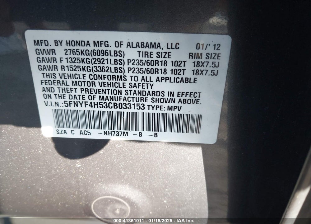 2012 HONDA PILOT EX-L VIN: 5FNYF4H53CB033153