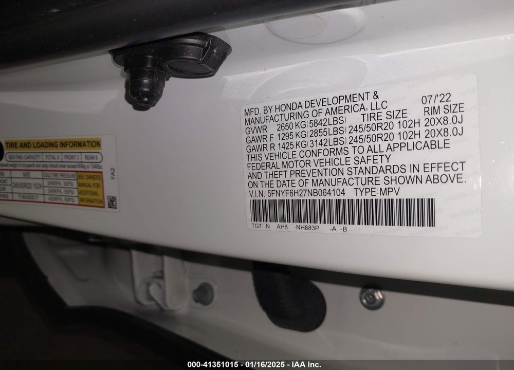 2022 HONDA PILOT AWD SPECIAL EDITION VIN: 5FNYF6H27NB064104
