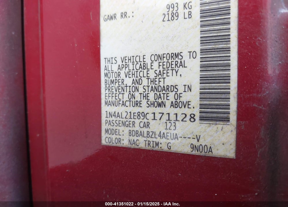 2009 NISSAN ALTIMA VIN: 1N4AL21E89C171128