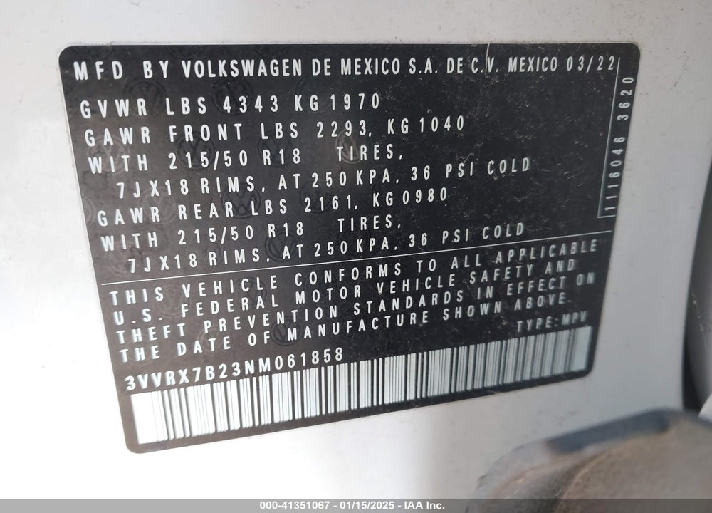 2022 VOLKSWAGEN TAOS 1.5T SE VIN: 3VVRX7B23NM061858