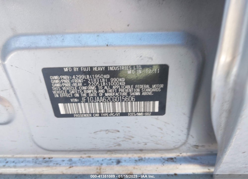 2012 SUBARU IMPREZA 2.0I VIN: JF1GJAA62CG015606