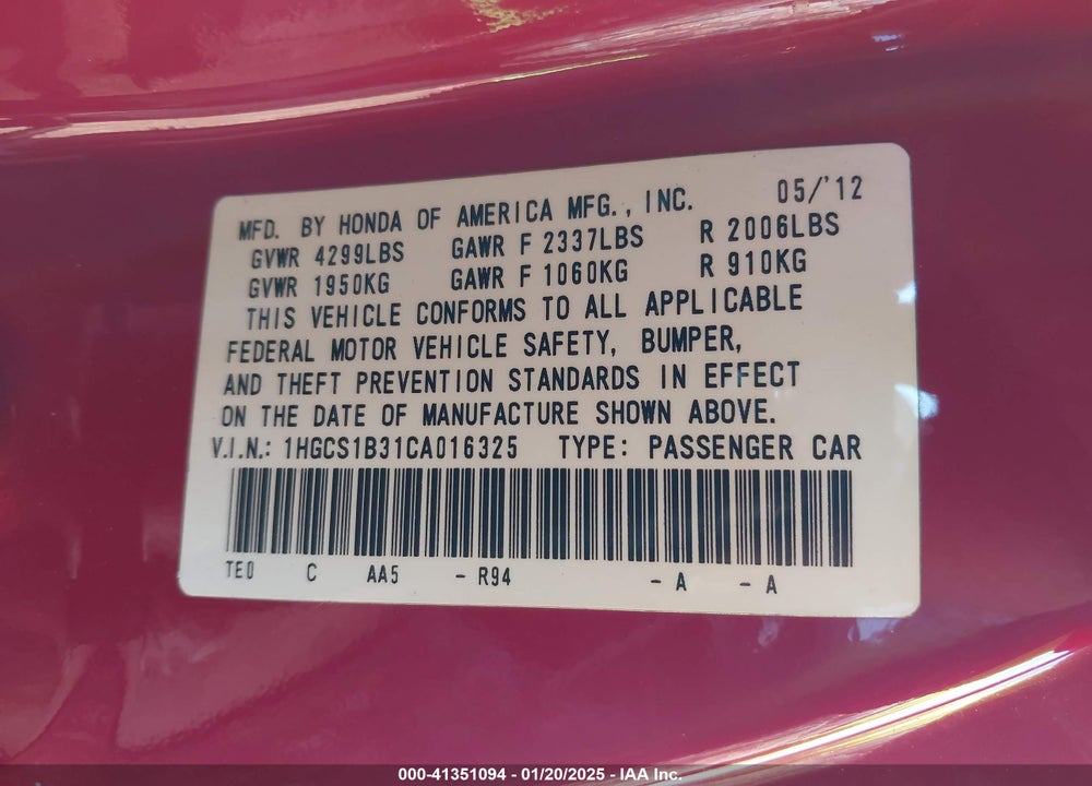 2012 HONDA ACCORD 2.4 LX-S VIN: 1HGCS1B31CA016325