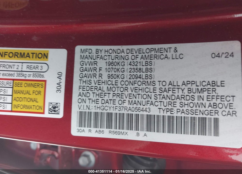 2024 HONDA ACCORD VIN: 1HGCY1F37RA056443