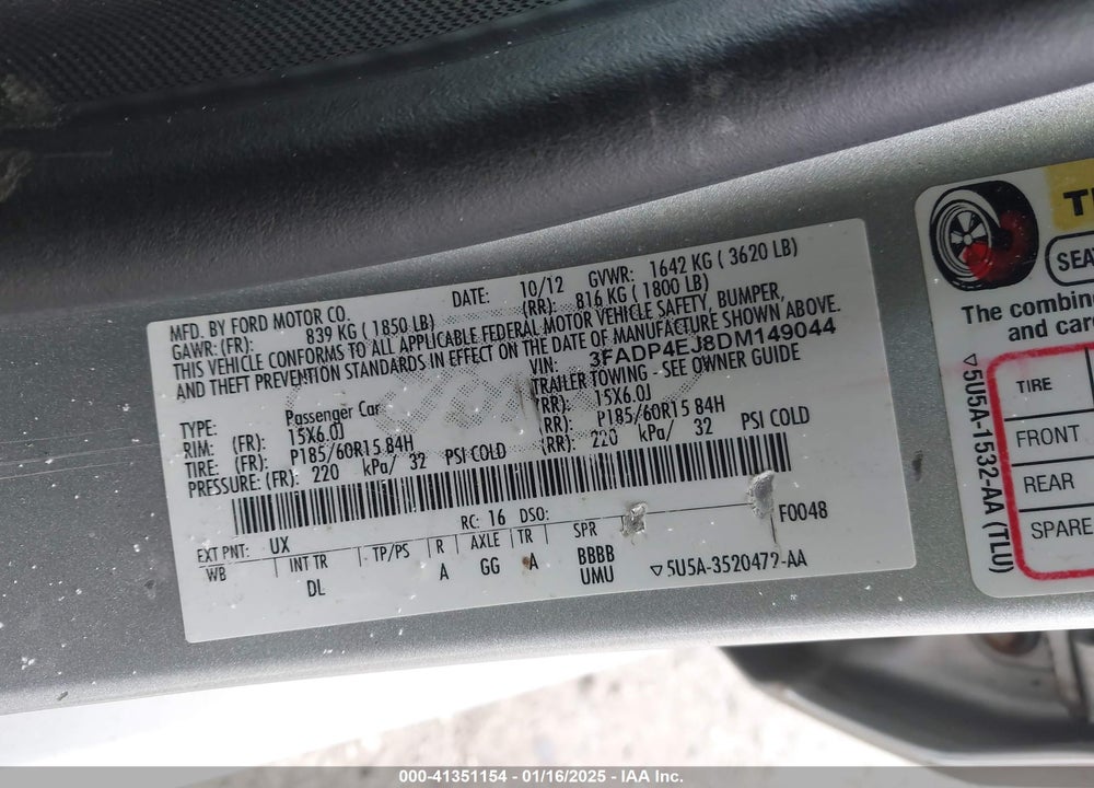 2013 FORD FIESTA VIN: 3FADP4EJ8DM149044