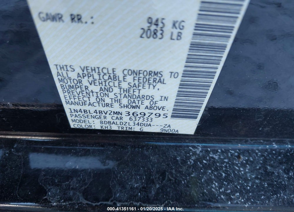 2021 NISSAN ALTIMA VIN: 1N4BL4BV2MN369795