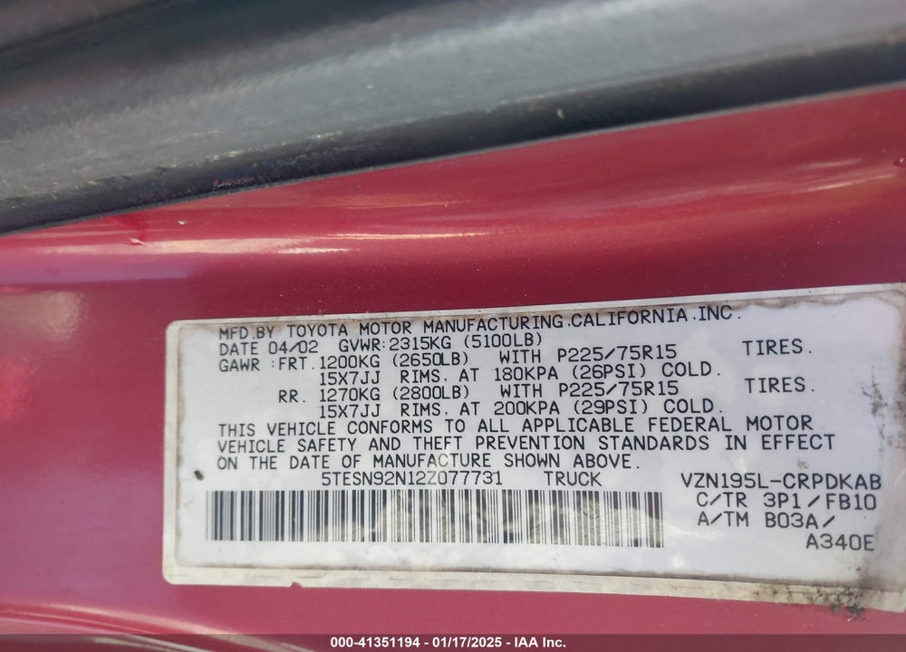 2002 TOYOTA TACOMA PRERUNNER V6 VIN: 5TESN92N12Z077731