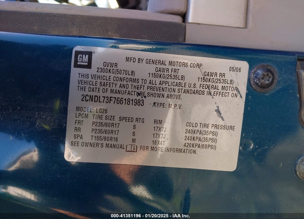 2006 CHEVROLET EQUINOX VIN: 2CNDL73F766181983