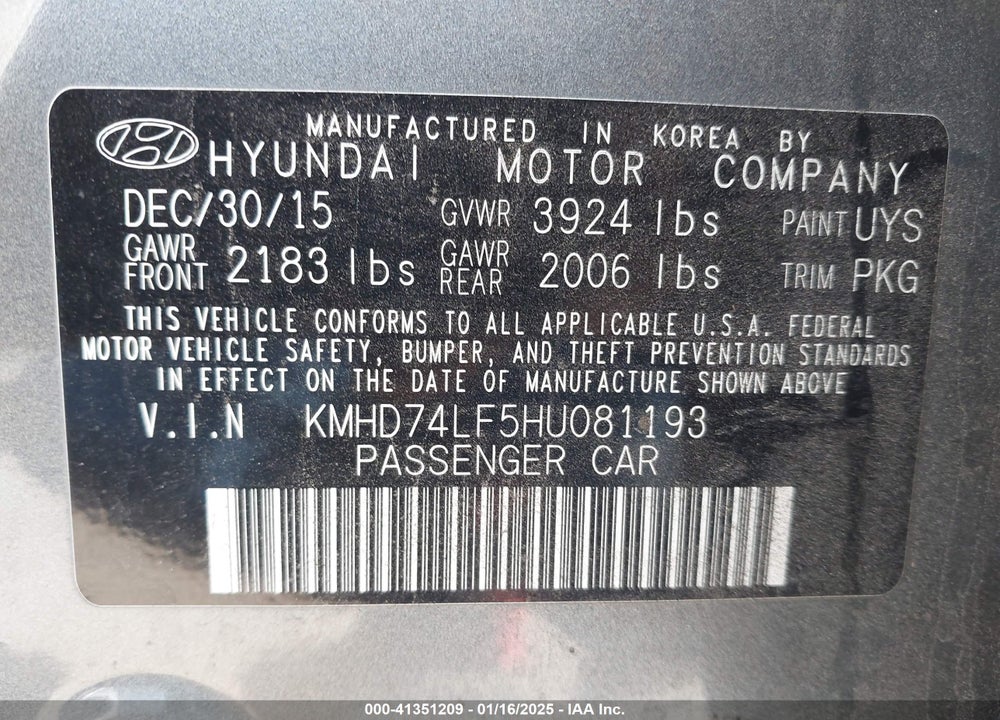 2017 HYUNDAI ELANTRA VIN: KMHD74LF5HU081193