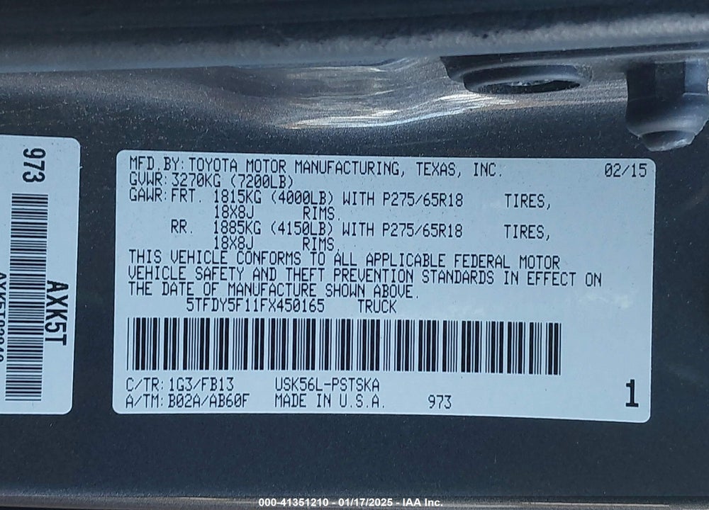 2015 TOYOTA TUNDRA VIN: 5TFDY5F11FX450165