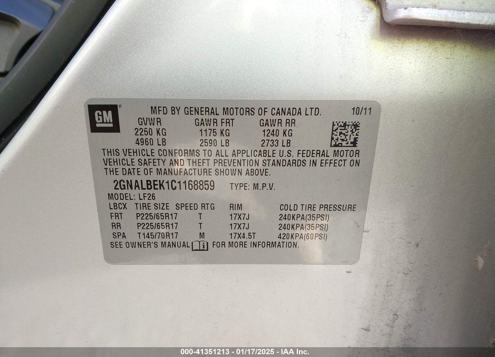2012 CHEVROLET EQUINOX LS VIN: 2GNALBEK1C1168859