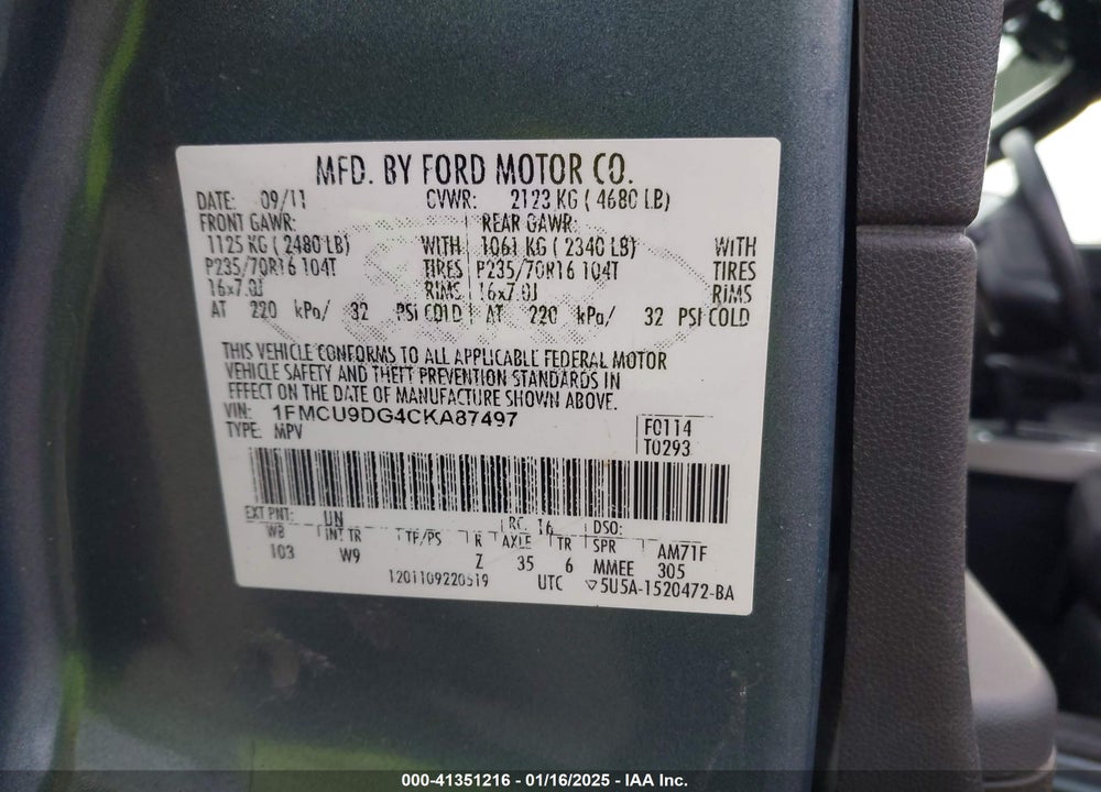 2012 FORD ESCAPE XLT VIN: 1FMCU9DG4CKA87497