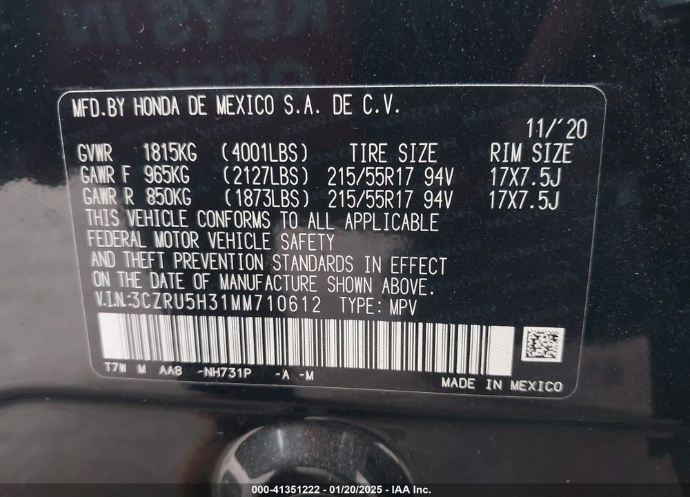 2021 HONDA HR-V 2WD LX VIN: 3CZRU5H31MM710612