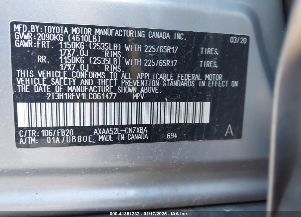 2020 TOYOTA RAV4 LE VIN: 2T3H1RFV1LC061477