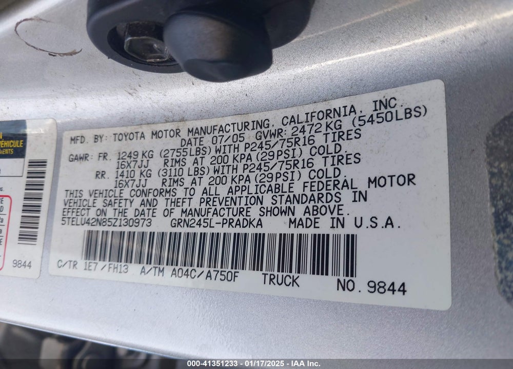 2005 TOYOTA TACOMA BASE V6 VIN: 5TELU42N85Z130973