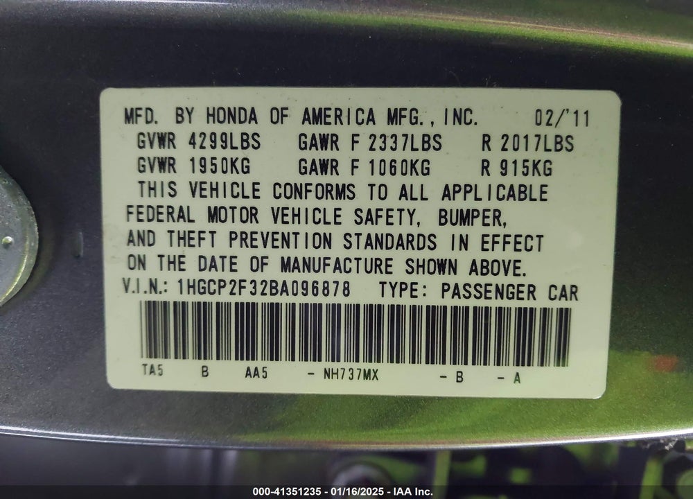 2011 HONDA ACCORD 2.4 LX VIN: 1HGCP2F32BA096878