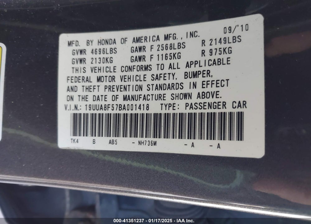 2011 ACURA TL VIN: 19UUA8F57BA001418