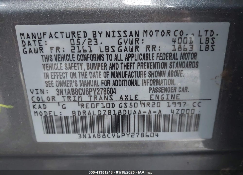 2023 NISSAN SENTRA VIN: 3N1AB8CV6PY278604