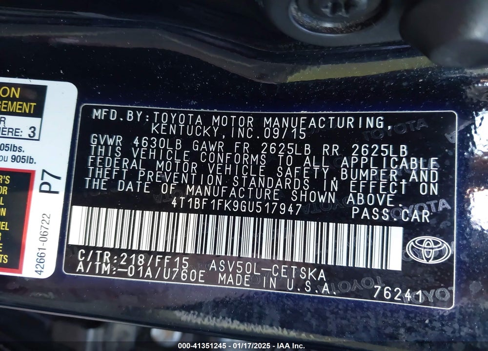 2016 TOYOTA CAMRY VIN: 4T1BF1FK9GU517947