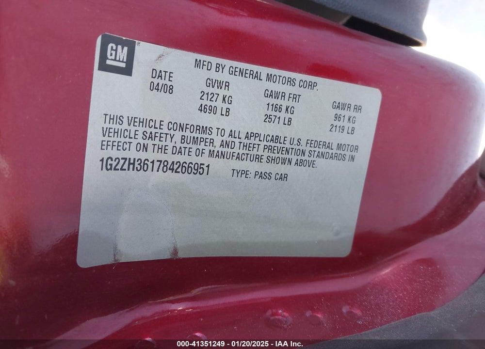 2008 PONTIAC G6 GT VIN: 1G2ZH361784266951