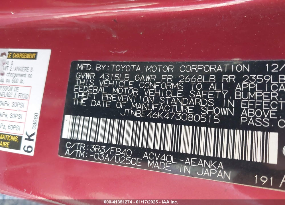 2007 TOYOTA CAMRY VIN: JTNBE46K473080515