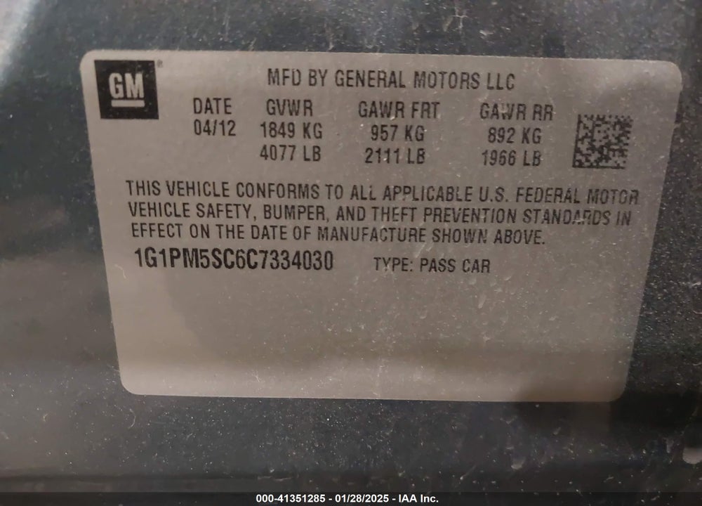 2012 CHEVROLET CRUZE VIN: 1G1PM5SC6C7334030