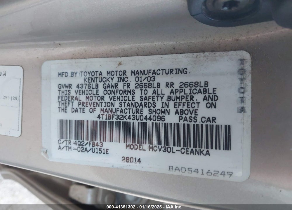 2003 TOYOTA CAMRY LE V6 VIN: 4T1BF32K43U044096