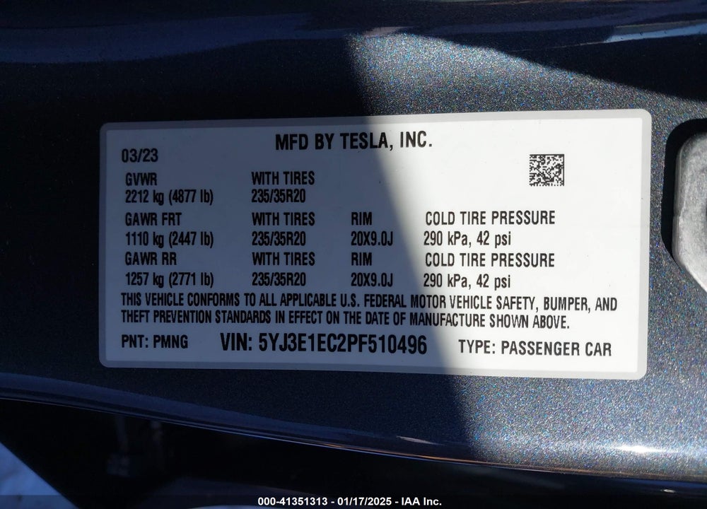 2023 TESLA MODEL 3 VIN: 5YJ3E1EC2PF510496