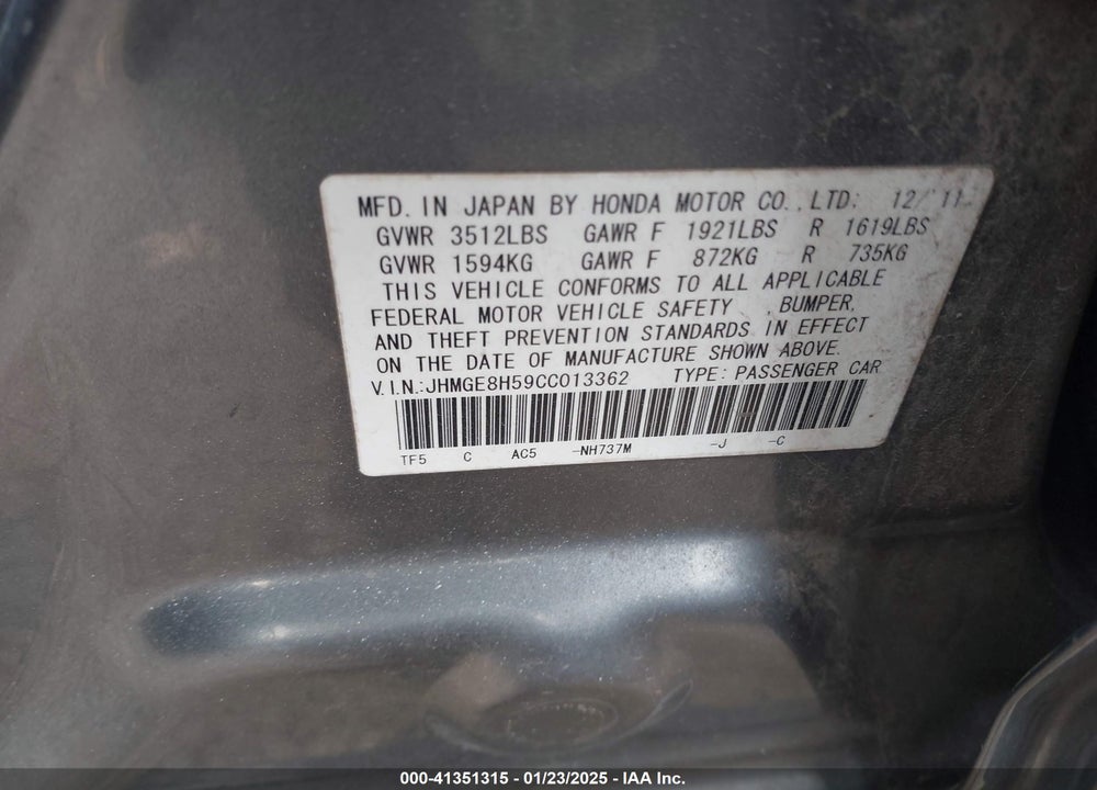 2012 HONDA FIT SPORT VIN: JHMGE8H59CC013362